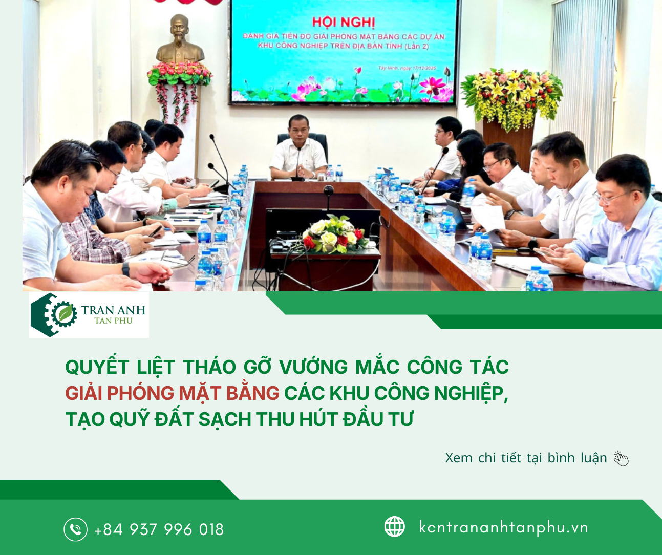 QUYẾT LIỆT THÁO GỠ VƯỚNG MẮC CÔNG TÁC GIẢI PHÓNG MẶT BẰNG CÁC KHU CÔNG NGHIỆP, TẠO QUỸ ĐẤT SẠCH THU HÚT ĐẦU TƯ